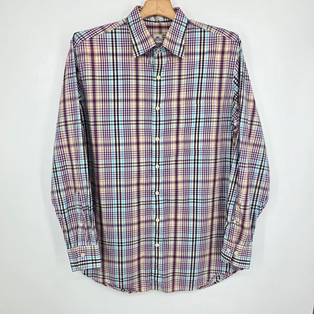 Peter Millar Mens Plaid Button Down Shirt Purple Blue Tan MS12W02CHL Large